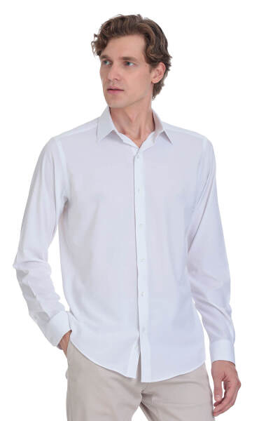 Beyaz Comfort Fit Slim Yaka Uzun Kollu Casual Gömlek - 5