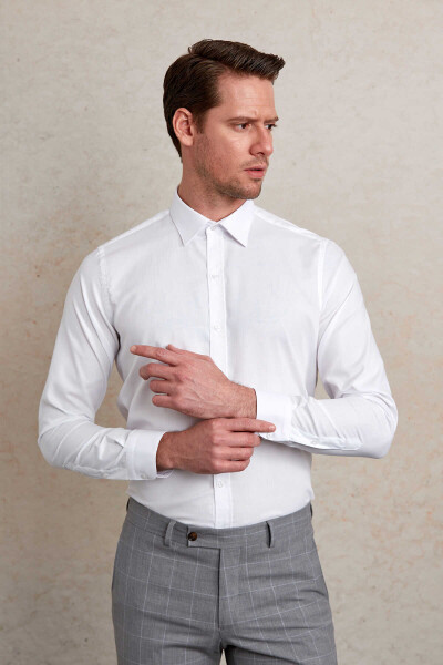 Beyaz Comfort Fit Desenli 100% Pamuk Slim Yaka Uzun Kollu Casual Gömlek - 2