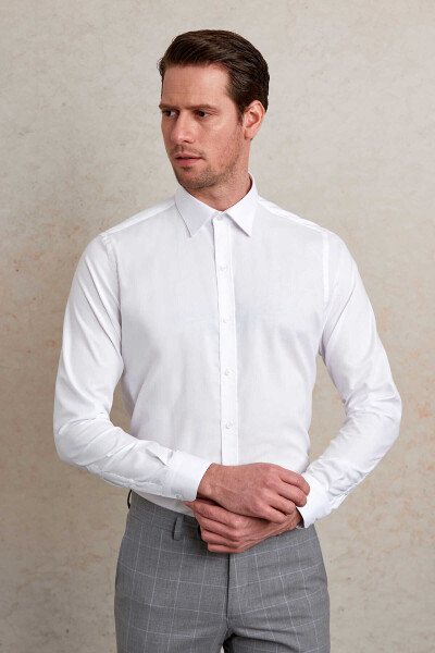 Beyaz Comfort Fit Desenli 100% Pamuk Slim Yaka Uzun Kollu Casual Gömlek - 3