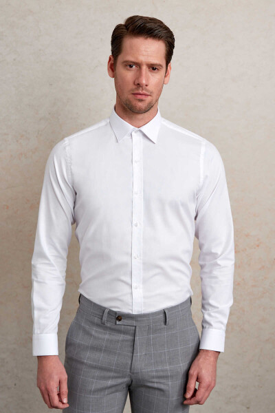 Beyaz Comfort Fit Desenli 100% Pamuk Slim Yaka Uzun Kollu Casual Gömlek - 4