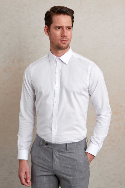 Beyaz Comfort Fit Desenli 100% Pamuk Slim Yaka Uzun Kollu Casual Gömlek - 5