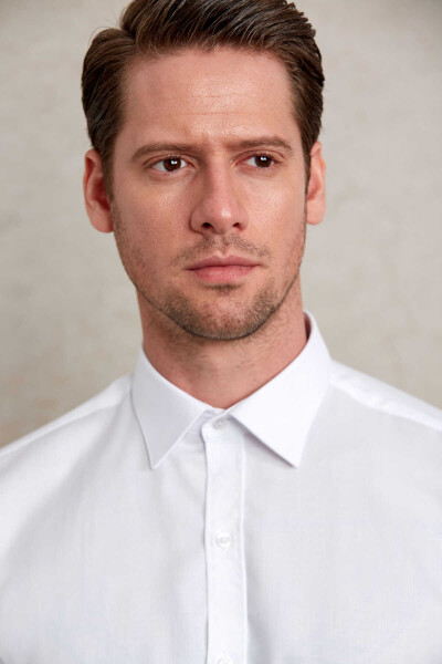 Beyaz Comfort Fit Desenli 100% Pamuk Slim Yaka Uzun Kollu Casual Gömlek - 6