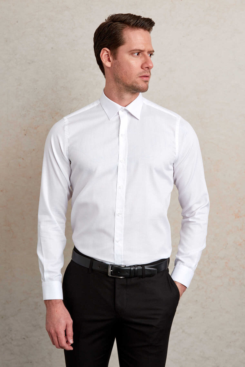 Beyaz Comfort Fit Desenli 100% Pamuk Slim Yaka Uzun Kollu Casual Gömlek - Hatem Saykı (1)