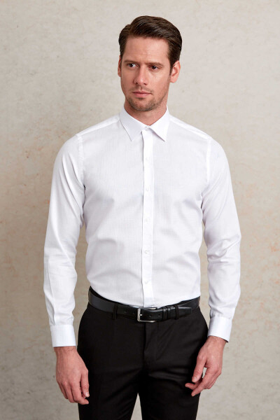 Beyaz Comfort Fit Desenli 100% Pamuk Slim Yaka Uzun Kollu Casual Gömlek - 4