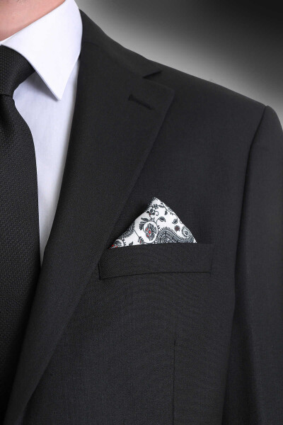 Beyaz Desenli Klasik Saten Cep Mendili - 2