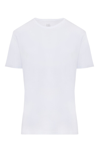 Beyaz Slim Fit Desenli 100% Pamuk Bisiklet Yaka Tişört - 2