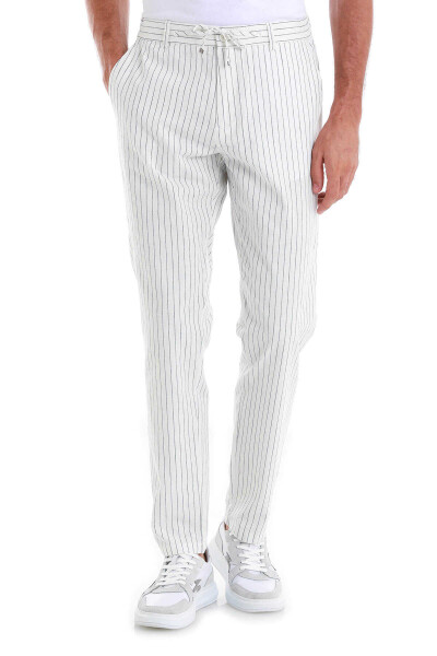 Beyaz Dinamik Fit Çizgili Yandan Cepli Kanvas Pantolon - 2