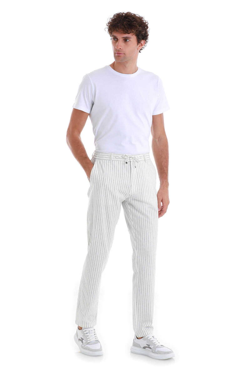 Beyaz Dinamik Fit Çizgili Yandan Cepli Kanvas Pantolon - Hatem Saykı