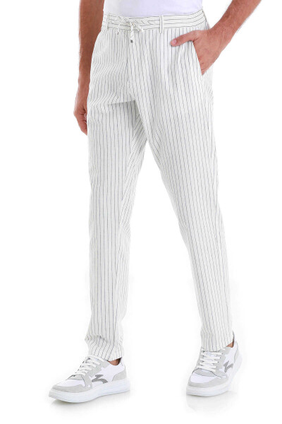 Beyaz Dinamik Fit Çizgili Yandan Cepli Kanvas Pantolon - 4