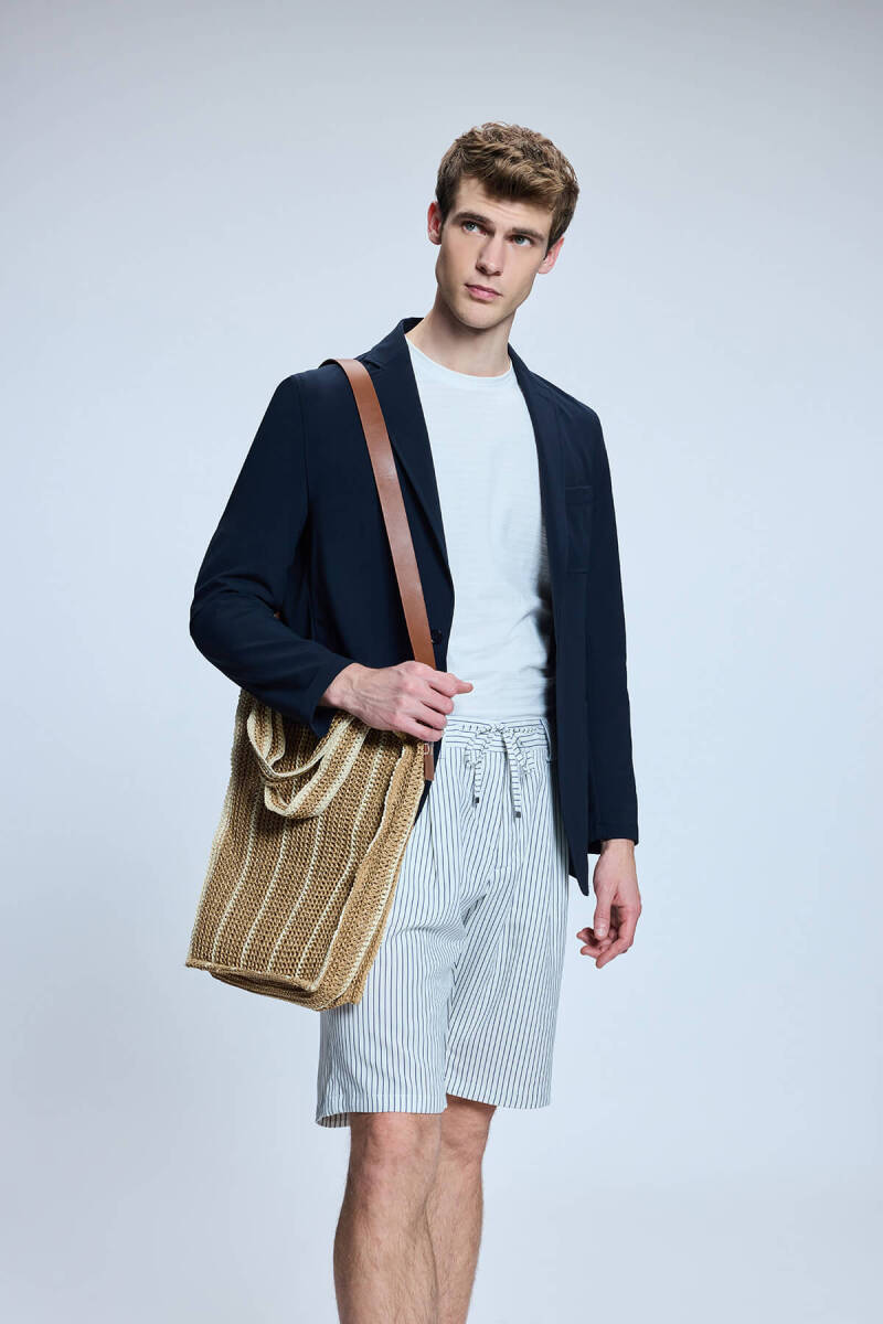 Beyaz Dinamik Fit Çizgili Yandan Cepli Keten Şort - Saykı (1)