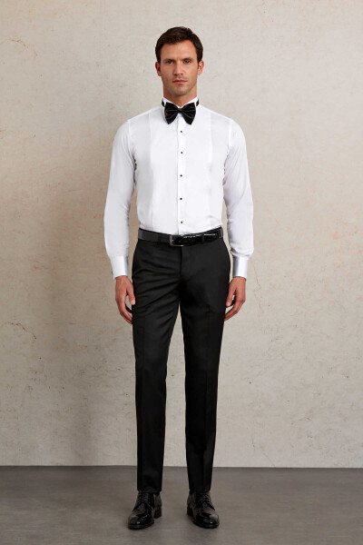 Beyaz Comfort Fit 100% Pamuk Ata Yaka Manşetli Uzun Kol Saten Damatlık Gömlek - 7