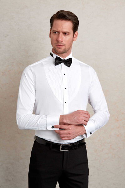 Beyaz Comfort Fit 100% Pamuk Ata Yaka Manşetli Uzun Kol Saten Damatlık Gömlek - 5