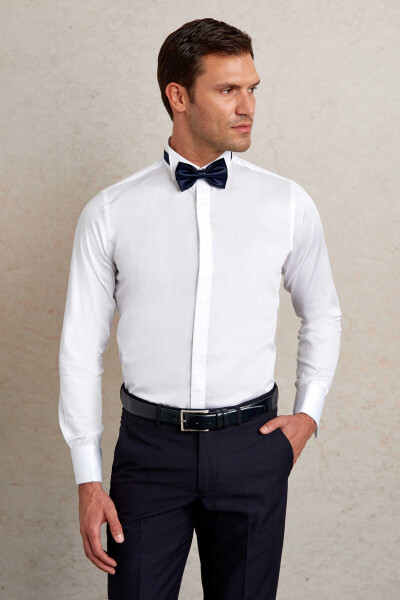 Beyaz Comfort Fit 100% Pamuk Ata Yaka Manşetli Uzun Kol Saten Damatlık Gömlek - 2