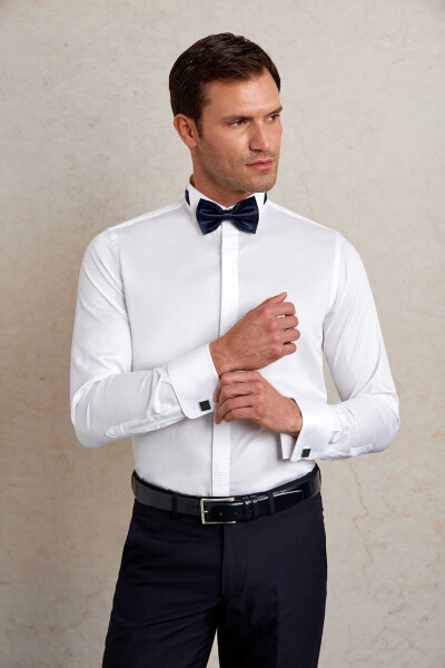 Beyaz Comfort Fit 100% Pamuk Ata Yaka Manşetli Uzun Kol Saten Damatlık Gömlek - 3