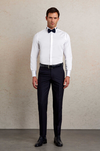 Beyaz Comfort Fit 100% Pamuk Ata Yaka Manşetli Uzun Kol Saten Damatlık Gömlek - 4