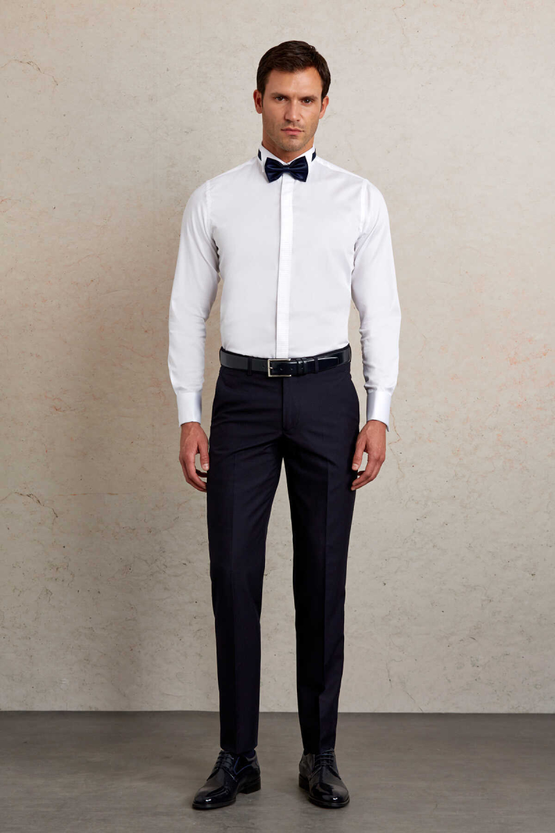 Beyaz Comfort Fit 100% Pamuk Ata Yaka Manşetli Uzun Kol Saten Damatlık Gömlek - Hatem Saykı (1)