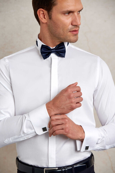 Beyaz Comfort Fit 100% Pamuk Ata Yaka Manşetli Uzun Kol Saten Damatlık Gömlek - 6