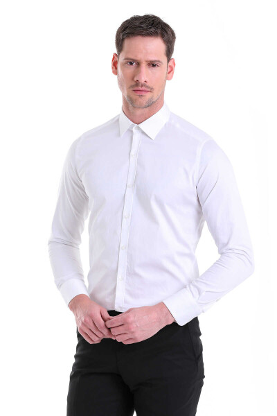 Beyaz Slim Fit 100% Pamuk Slim Yaka Uzun Kollu Klasik Saten Gömlek - 1