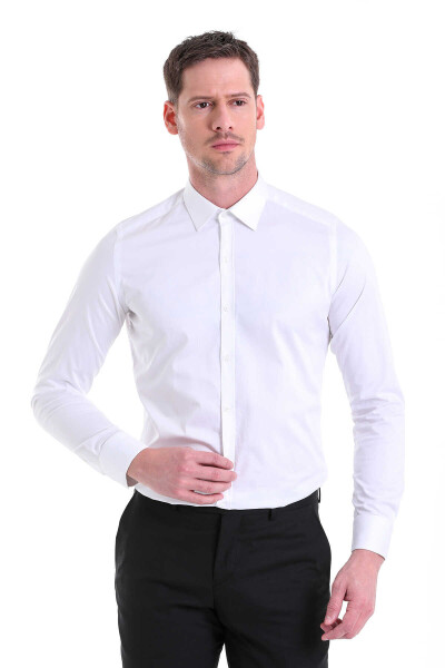 Beyaz Slim Fit 100% Pamuk Slim Yaka Uzun Kollu Klasik Saten Gömlek - 2