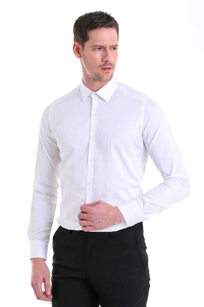 Beyaz Slim Fit 100% Pamuk Slim Yaka Uzun Kollu Klasik Saten Gömlek - 3