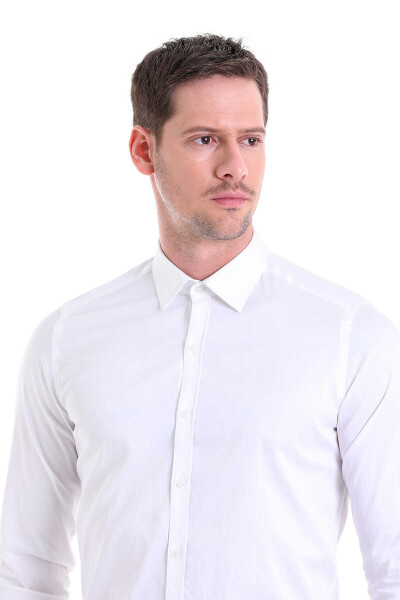 Beyaz Slim Fit 100% Pamuk Slim Yaka Uzun Kollu Klasik Saten Gömlek - 4