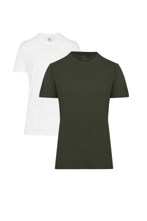 Beyaz ve Haki Regular Fit %100 Pamuk Bisiklet Yaka İkili Paket Basic Tişört 