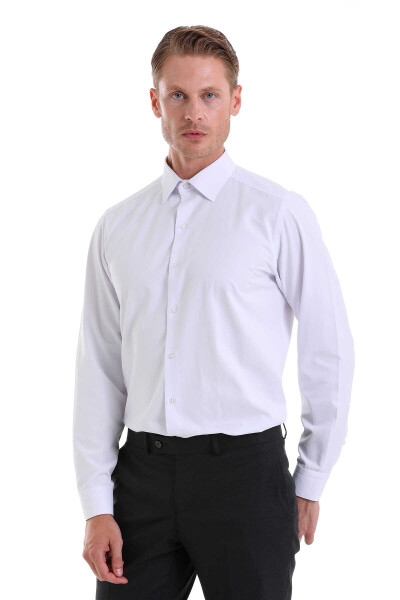 Beyaz Klasik Fit Desenli Pamuklu Slim Yaka Uzun Kollu Klasik Gömlek - 4