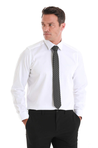 Beyaz Klasik Fit 100% Pamuk Slim Yaka Uzun Kollu Saten Gömlek - 4