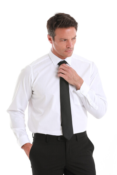 Beyaz Klasik Fit Pamuklu Slim Yaka Uzun Kollu Klasik Gömlek - 4