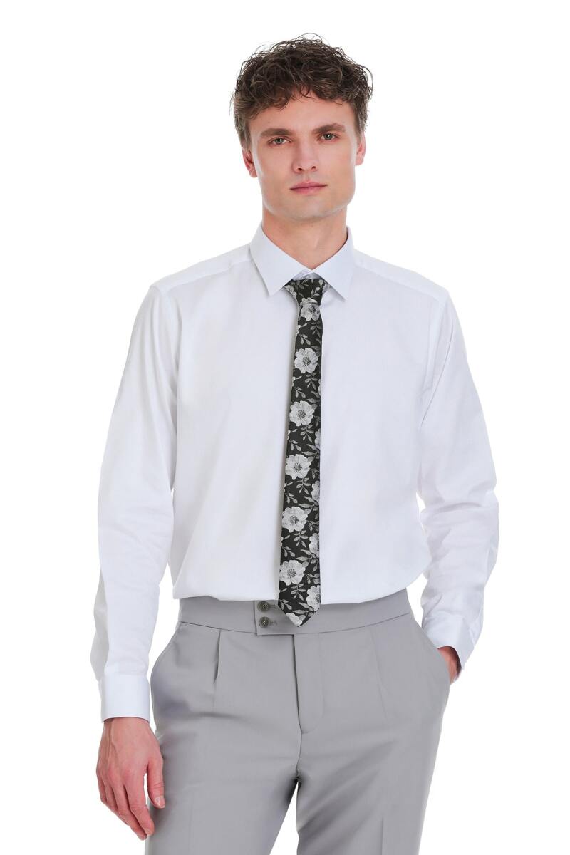 Beyaz Klasik Fit Pamuklu Slim Yaka Uzun Kollu Saten Gömlek - Saykı