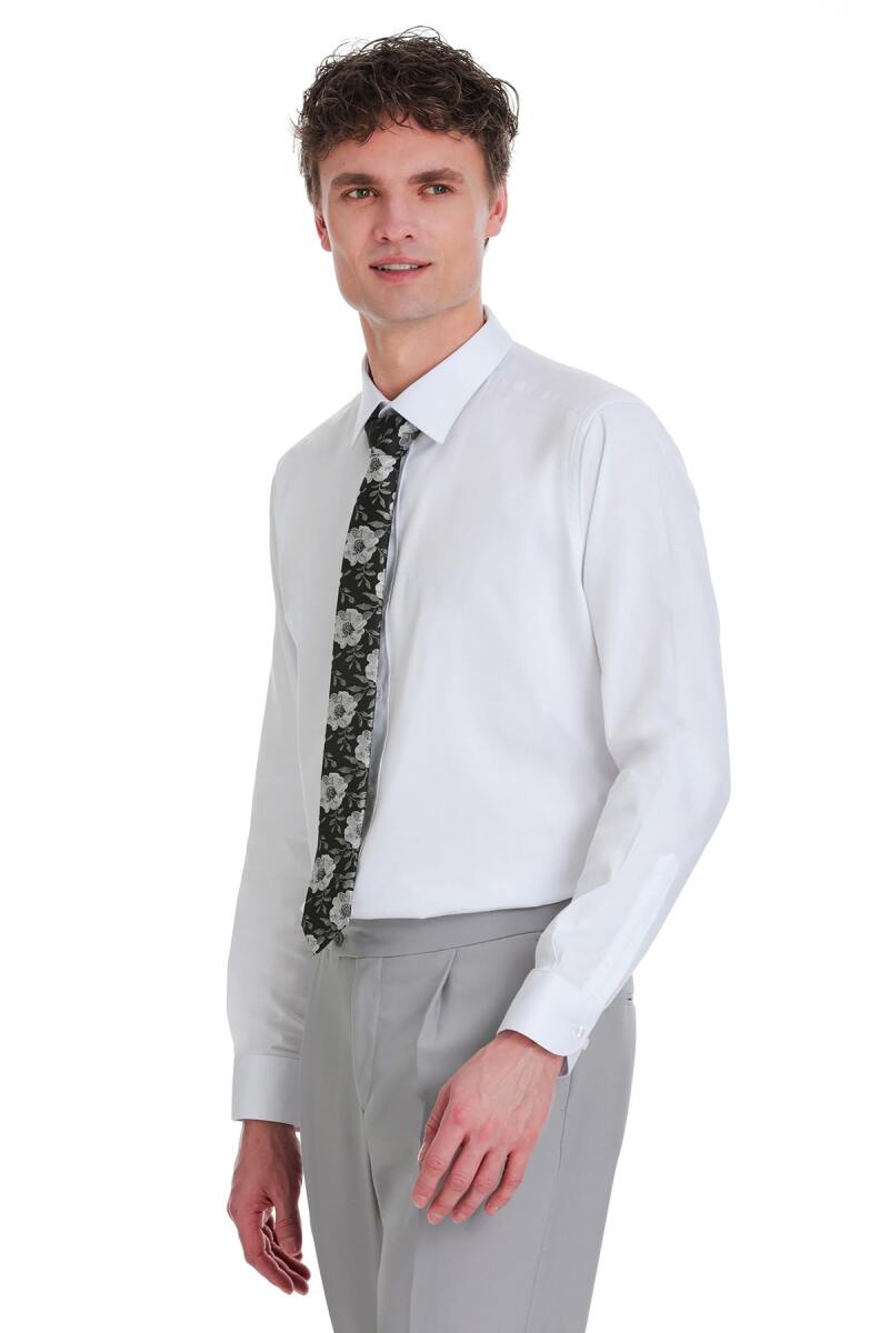 Beyaz Klasik Fit Pamuklu Slim Yaka Uzun Kollu Saten Gömlek - Saykı (1)