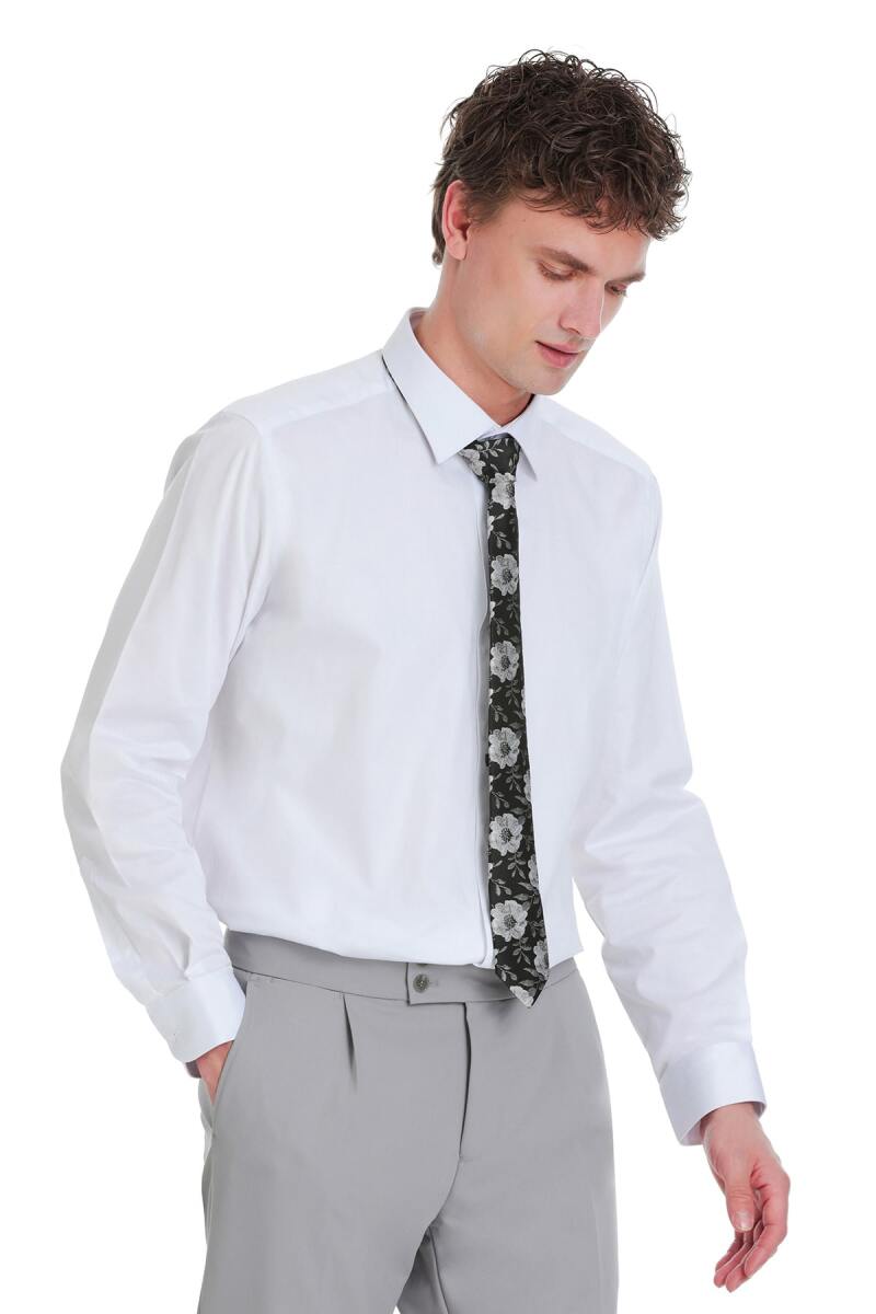 Beyaz Klasik Fit Pamuklu Slim Yaka Uzun Kollu Saten Gömlek - Saykı (1)