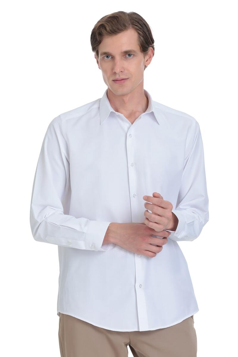 Beyaz Klasik Fit Slim Yaka Pamuklu Uzun Kollu Gömlek - Hatemoğlu