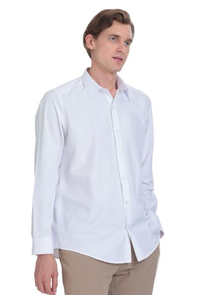 Beyaz Klasik Fit Slim Yaka Pamuklu Uzun Kollu Gömlek - 4