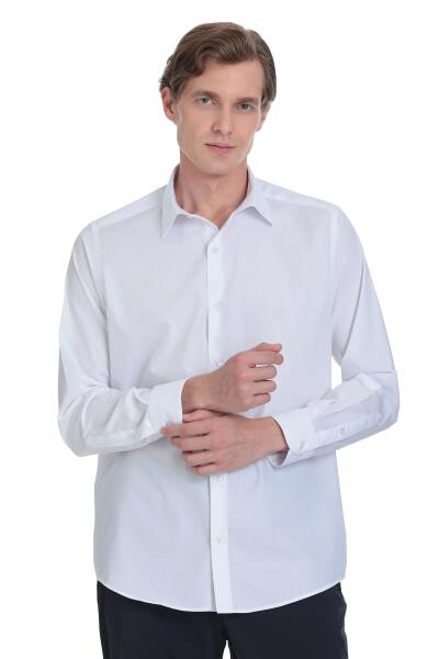 Beyaz Klasik Fit Slim Yaka Pamuklu Uzun Kollu Gömlek - 3
