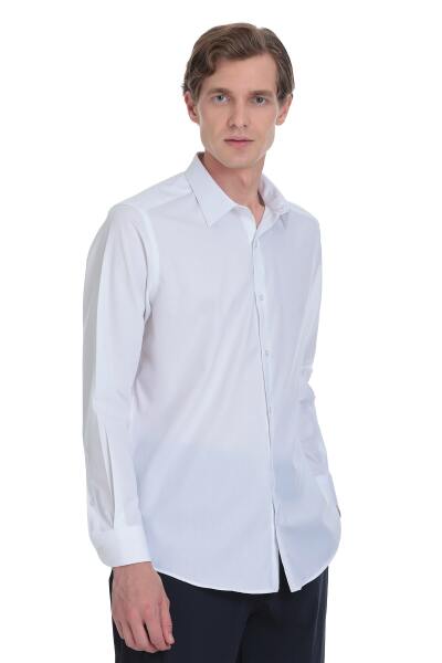 Beyaz Klasik Fit Slim Yaka Pamuklu Uzun Kollu Gömlek - 4