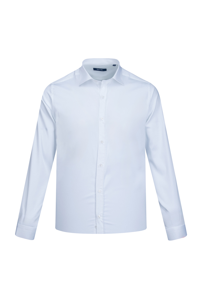 Beyaz Klasik Fit Slim Yaka Uzun Kollu Pamuklu Saten Gömlek - Saykı