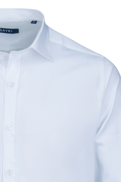 Beyaz Klasik Fit Slim Yaka Uzun Kollu Pamuklu Saten Gömlek - 2
