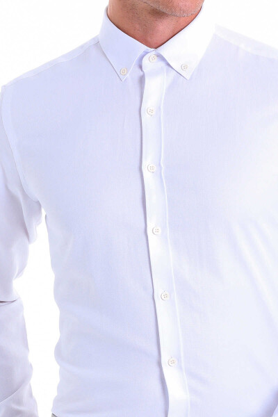 Beyaz Comfort Fit Pamuklu Düğmeli Yaka Uzun Kollu Casual Gömlek - 5