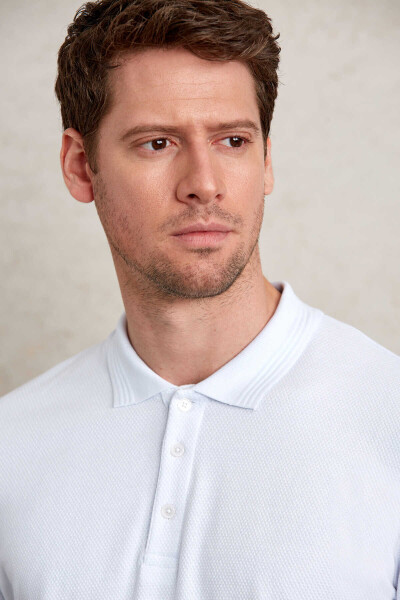 Beyaz Regular Fit Petek Desenli 100% Pamuk Polo Yaka Tişört - 5