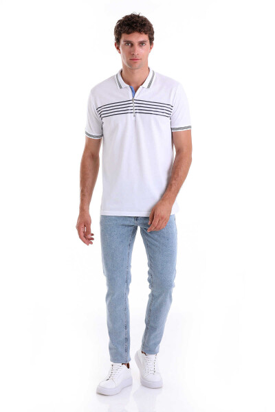 Beyaz Regular Fit Çizgili 100% Pamuk Polo Yaka Tişört - 2