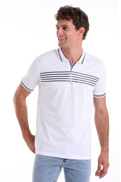 Beyaz Regular Fit Çizgili 100% Pamuk Polo Yaka Tişört - 3