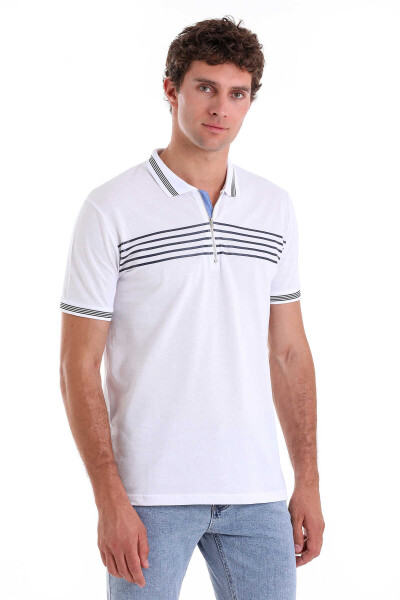 Beyaz Regular Fit Çizgili 100% Pamuk Polo Yaka Tişört - 4