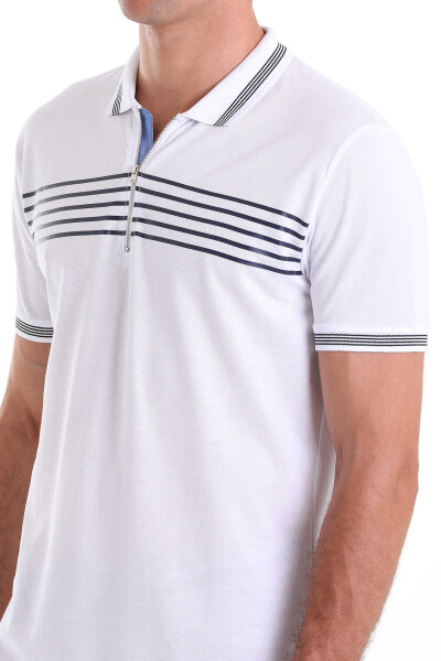 Beyaz Regular Fit Çizgili 100% Pamuk Polo Yaka Tişört - 5