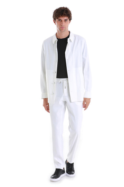 Beyaz Regular Fit Mono Yaka Keten Overshirt Spor Takım - 1