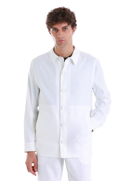 Beyaz Regular Fit Mono Yaka Keten Overshirt Spor Takım - 2