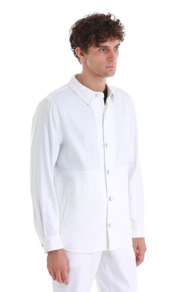 Beyaz Regular Fit Mono Yaka Keten Overshirt Spor Takım - 5