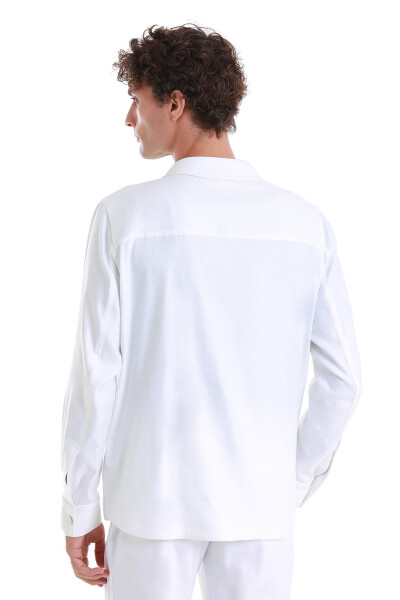 Beyaz Regular Fit Mono Yaka Keten Overshirt Spor Takım - 7