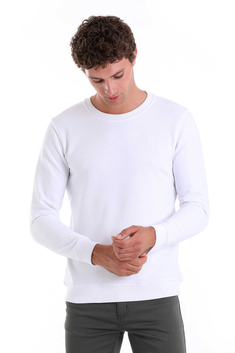 Beyaz Regular Fit Düz Pamuklu Bisiklet Yaka Sweatshirt - HATEMOĞLU (1)