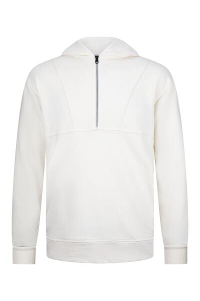 Beyaz Regular Fit Fermuarlı Kapüşonlu Sweatshirt 